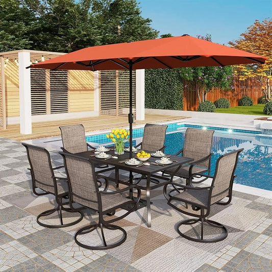 PHI VILLA Patio Dining Set with 13ft Outdoor Orange Red Umbrella, 6 Padded Textilene Dining Chair and 1 Large Metal Table, Outdoor Table and Chair for Patio Lawn Garden (No Umbrella Base)