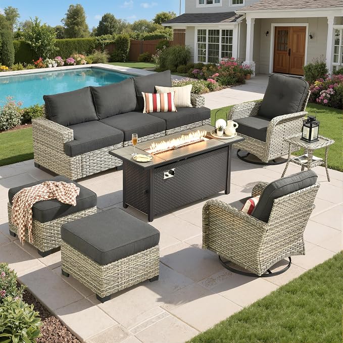 Wicker Patio Furniture Set with Fire Pit Table,9 Pieces Outdoor Sectional with Swivel Chairs Ottoman,Out Door Furniture Conversation Set,Black