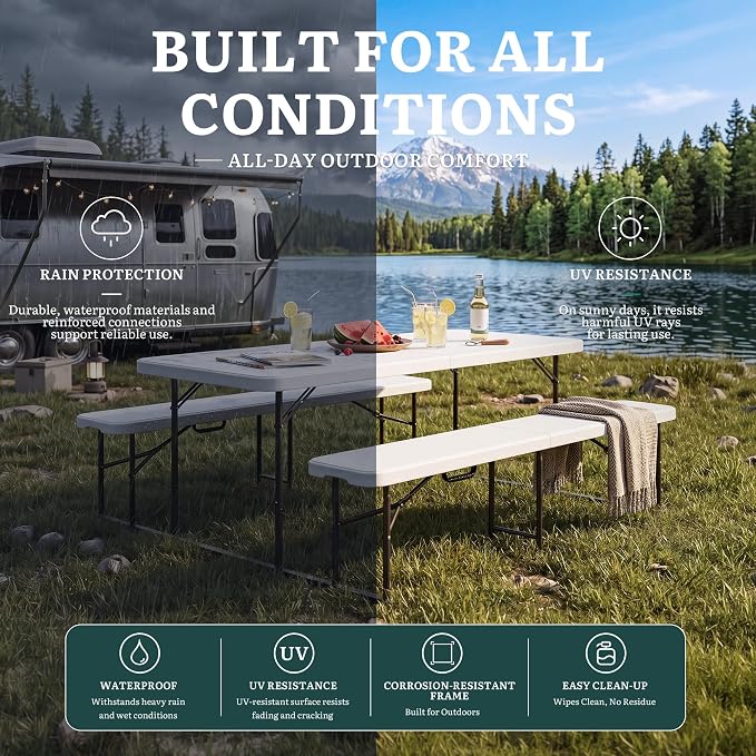YITAHOME 4.5ft Folding Picnic Table with Benches, Heavy Duty Iron Frame & HDPE Plastic Table Set, Portable Outdoor Folding Table with Center Lock for Backyard, Park, Camping, Beach, White