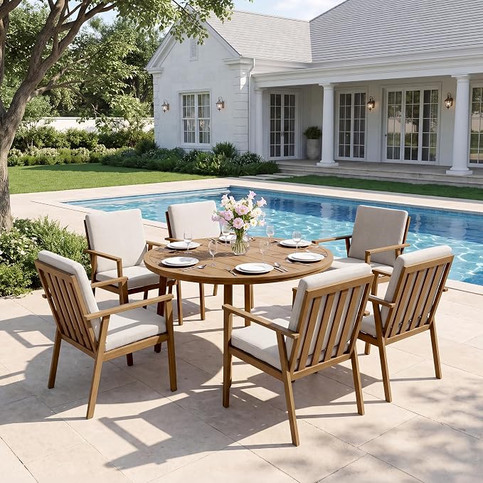 7-Piece Round Outdoor Dining Table Set, 51" All-Aluminum Round Outdoor Table with 6 Chairs, Rust-Resistant Faux Wood Grain Patio Table with Umbrella Hole for Garden, Backyard, Poolside, Teak