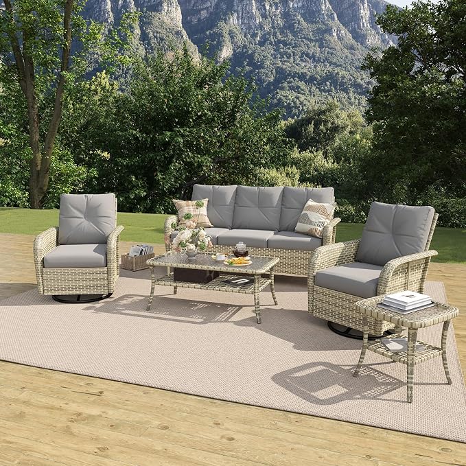 LazySunsets 7 Piece Outdoor Patio Furniture Set with Coffee Table, Wicker Rattan Outdoor Furniture with High Back Swivel Rocker Chairs, Outdoor Conversation Sets with Thick Cushions, Grey