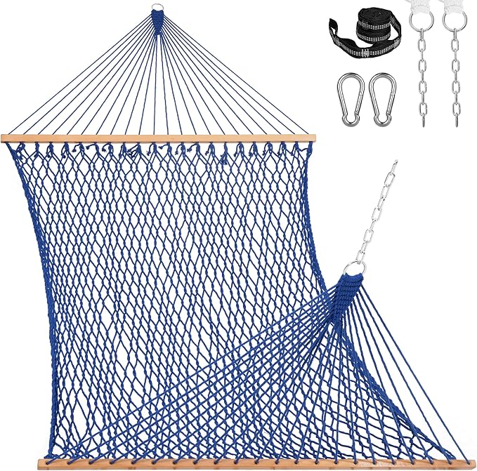 Lazy Daze Hammocks 12FT Double Rope Hammocks, 2 Person Hand Woven Cotton Hammock with Spreader Bar for Outside, Patio, Poolside, FIT 13-15 FT Stand, Max 450 Lbs, Blue, 141 x 57 inches