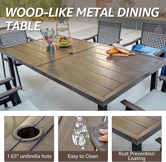 NATURAL EXPRESSIONS 7 Piece Patio Dining Set for 6,Rattan Wicker Swivel Patio Dining Chairs with Cushions,Aluminum Woodgrain Armrest, 65" Large Dining Table with Umbrella Hole for Yard, Garden,Pool