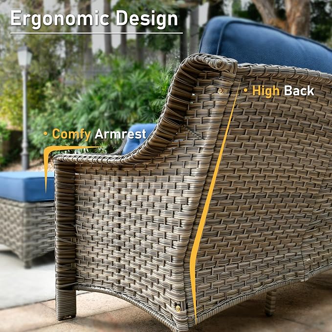 HOOOWOOO Patio Couch,Outdoor Wicker 3 Seater Sofa,All Weather Resistant High Back Rattan Deck Matching Furniture(Diamond Blue)