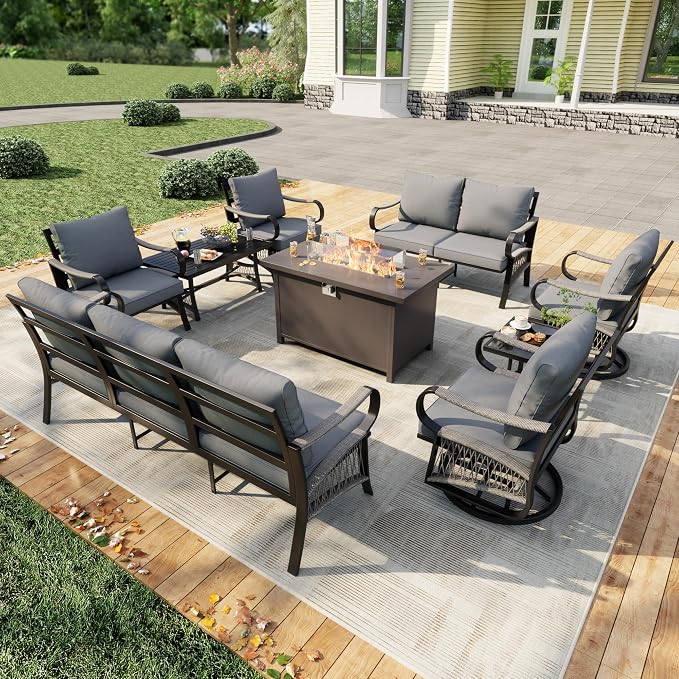 9 Pieces Patio Conversation Sets, All Weather Metal Outdoor Furniture Set 3-Seater 2 Swivel Rockers with Side Table 2 Single Chairs 1 Loveseat with Coffee Table and Fire Pit Table, Gray