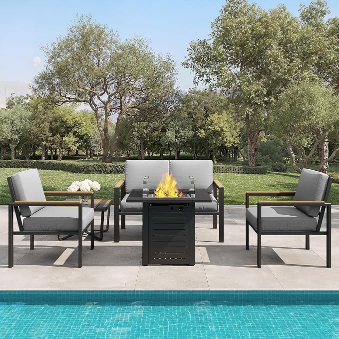 5-Piece Patio Furniture Set with 28” Propane Fire Pit Table, Heavy-Duty Metal Outdoor Conversation Set with Deep Cushions & Wood-Like Armrests for Patio, Porch, Backyard, Garden – Grey