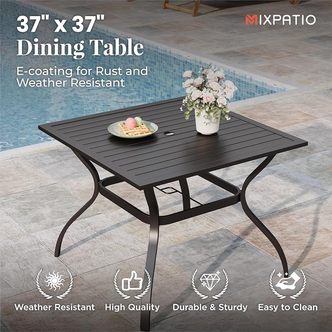 MIXPATIO 5 Pieces Patio Table and Chairs Set, 4 Person Outdoor Dining Furniture Set, 4 Blue Textilene Chairs and 37" Square Metal Table with Umbrella Hole, for Deck Backyard Lawn
