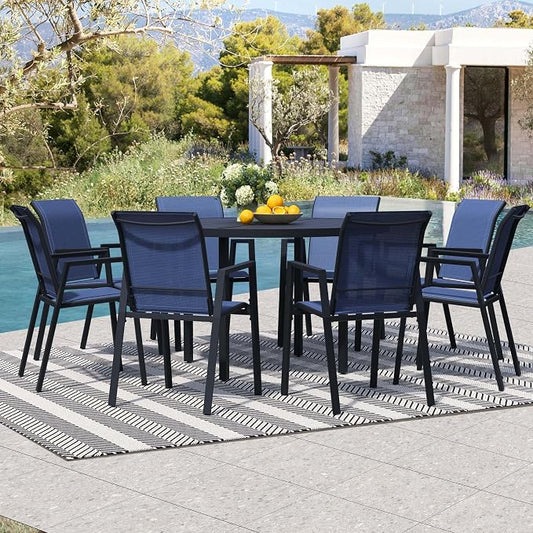 9-Piece Outdoor Dining Set for 8 – 60" Black Round Outdoor Table with Umbrella Hole & 8 Blue Outdoor Stackable Dining Chairs, All-Weather Patio Furniture