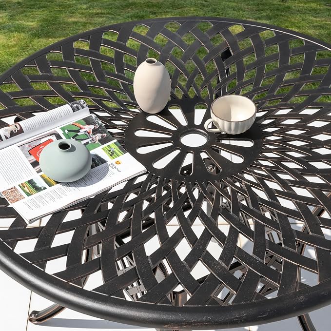 NUU GARDEN Cast Aluminum Outdoor Round Dining Table 42 Inch Patio Table with 2.24 Inch Umbrella Hole for Garden Backyard Balcony Black with Gold-Painted Edges