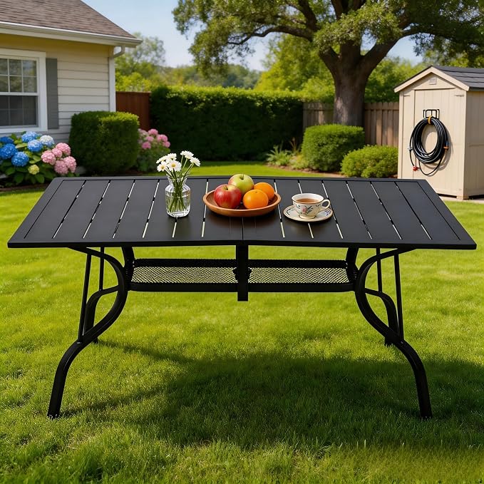 Outdoor Patio Dining Table for 6 People, 63" x 38" All-Weather Resistant Metal Rectangle Table with Adjustable Umbrella Hole for Garden Backyard Porch Poolside, Black