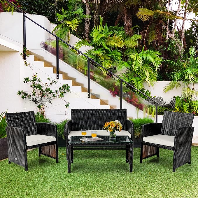 COSTWAY 4 Piece Patio Furniture Set, Outdoor PE Rattan Wicker Sectional Sofa with Cushion and Coffee Table, Patio Conversation Sets for Balcony Lawn Porch Patio Backyard Garden Poolside, White