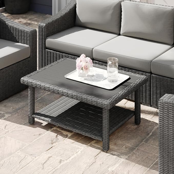 Martha Stewart Bedford Indoor-Outdoor Patio Coffee Table with Lower Shelf, Faux Wood Top, and Rattan Wicker Finish in Gray