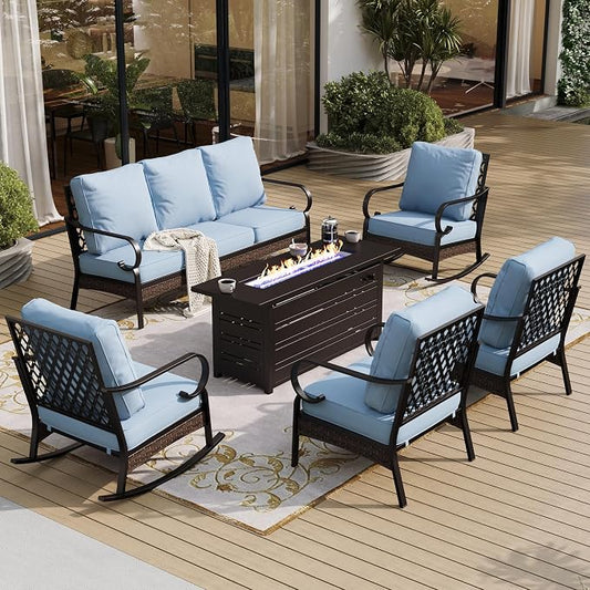 SUNSHINE VALLEY 6 Piece Black Metal Outdoor Patio Furniture Sets with Firepit Table, Patio Conversation Sets 1 3-Seater Sofa, 2 Leg Chair and 2 Rocking Chair with 5.75" Cushion for Backyard Deck, Blue