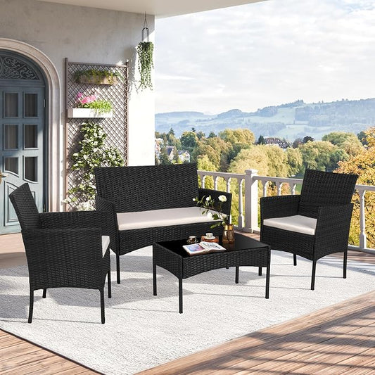 Shintenchi 4 Piece Patio Furniture Sets, Outdoor Small Patio Table and Chairs Set, Rattan Patio Conversation Set, Balcony Porch Furniture with Tempered Glass Coffee Table for Outside, Black