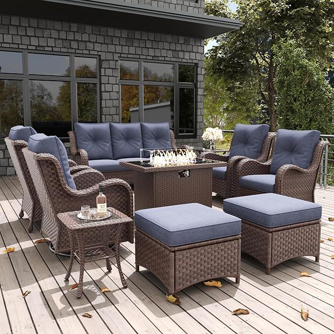 LayinSun 10 Pieces Outdoor Patio Furniture Set with Fire Pit Table, Rattan Wicker Sectional Swivel Rocker Chairs Sets with Ottomans, Swivel Glider Chair, Single Chairs and Coffee Table