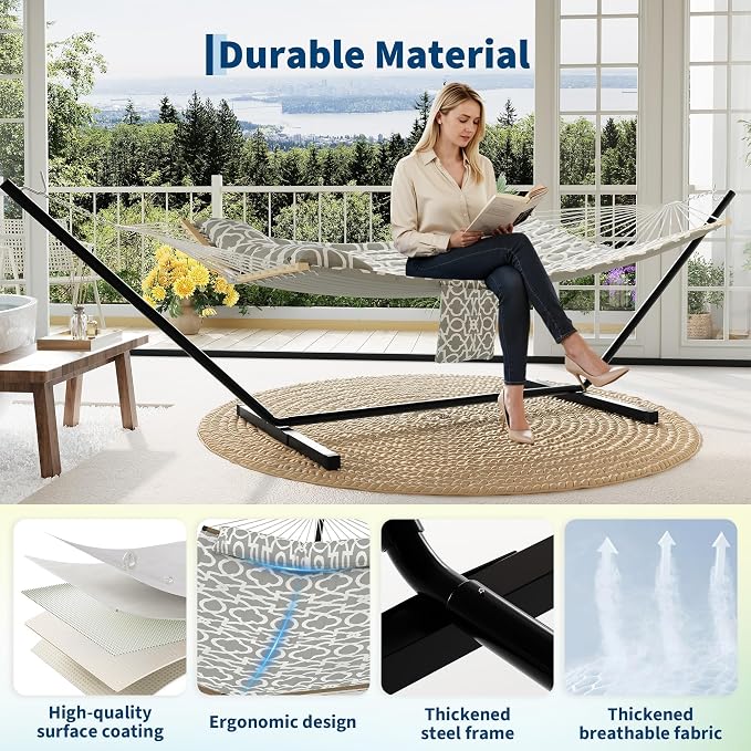 2 Person Outdoor Hammock with Stand, 450LBS Capacity, Heavy Duty Hammock with Carrying Bag & Soft Pillow, Portable Indoor Outdoor Hammock, Perfect for Backyard Patio Beach