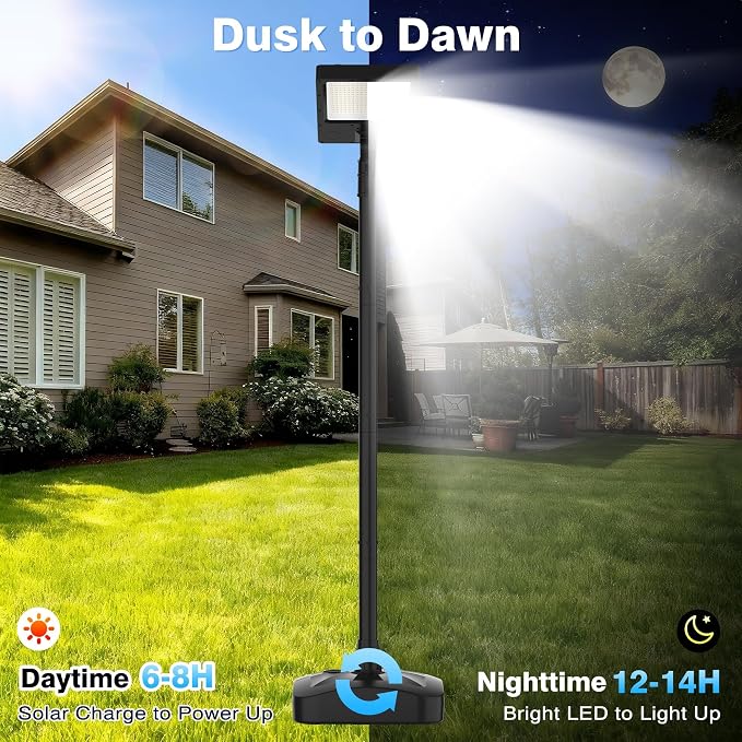 102" Solar Lamp Post Lights with Pole & Water Box Base, Outdoor IP65 Waterproof 3800LM 420 LEDs Solar Street Lights, Metal Flood Motion Sensor Lights for Yard, Garden, Patio, Lawn, Parking Lot