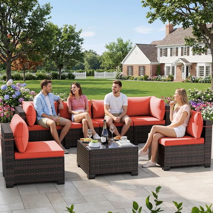 LEVELEVE 7-Piece Outdoor Patio Furniture Sets, Manual Weaving Rattan Conversation Sectional Sofa with Tempered Glass Coffee Table, All-Weather PE Wicker & Thick Cushions for Garden, Backyard, Porch