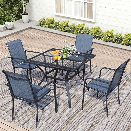 5 Piece Patio Dining Set for 4, 37.5” Black Square Table with Umbrella Hole and 4 Blue Patio Stackable Chairs, Patio Table and Chairs for Backyard, Lawn, Deck & Garden