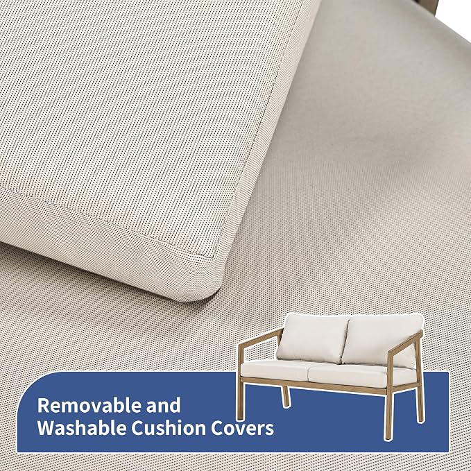 Outdoor Patio Loveseat Sofa, Aluminum 2-Seater Conversation Set with Washable Thick Cushions, Never-Rust Modern Garden Couch Bench for Porch, Poolside, Backyard (Brown+Beige)