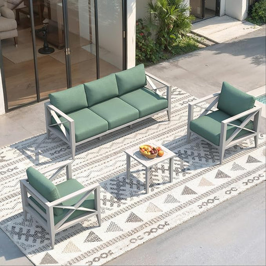 Aluminum Outdoor Patio Furniture Set with 5.2" Thick Cushions, 6-Piece Outdoor Sectional, Patio Conversation Sets for Backyard,(White,5 Seats)