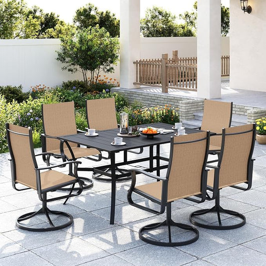 Amopatio 7 Pieces Patio Dining Set for 6, Outdoor Table and Chairs, 6 All Weather Swivel Patio Chairs, 59" Patio Spliced Rectangular Table with Umbrella Hole, for, Backyard, Poolside & Garden, Brown
