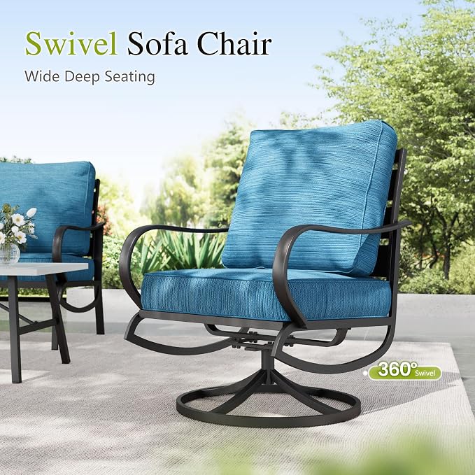 Sophia & William Patio Furniture Sets with 45" Gas Fire Pit Table Outdoor Metal Conversation Sets for 5, 2 x Swivel Cushioned Patio Sofa Chairs, 1 x 3-Seat Sofa 4 Pieces for Lawn Backyard Peacock Blue