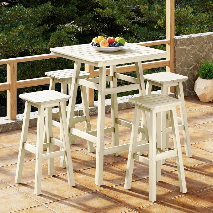 Costaelm Outdoor Bar Table, 42" Counter Height Square Patio Cocktail Bar Table with Umbrella Hole, Patio Bistro Dining Pub Table for Front Porch Deck Backyard Garden, Sand