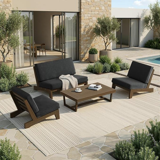 4 Piece Wood Outdoor Patio Frutnire Set, 4 Seater Patio Conversation Sets with Thick Cushions, Outdoor Sectional Furniture with Coffee Table - Dark Gray