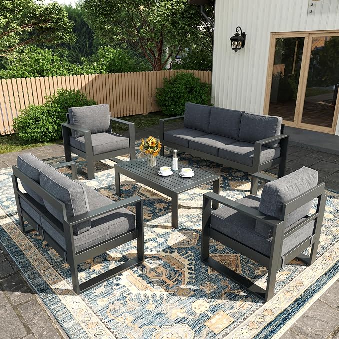 5 Piece Modern Aluminum Patio Furniture Set, Outdoor Patio Sectional Conversation Metal Seating Sets with Olefin Cushion and Coffee Table