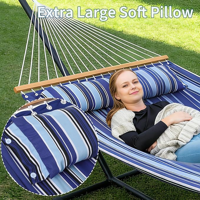 Double Hammock with Stand, Outdoor Freestanding Hammock for Two People, Max 475lbs Capacity, Heavy Duty Steel Frame, Quilted Pillow & Portable Carry Bag, Easy Assembly, Navy Blue Stripes