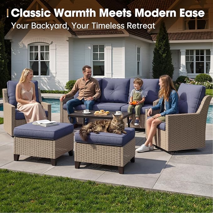 NestNook 6 Piece Patio Furniture Set, Outdoor Furniture Wicker Swivel Chairs Set of 2 with 3-Seater Sofa, 2 Ottomans and Coffee Table Patio Conversation Set for Backyard Balcony & Poolside（Blue）