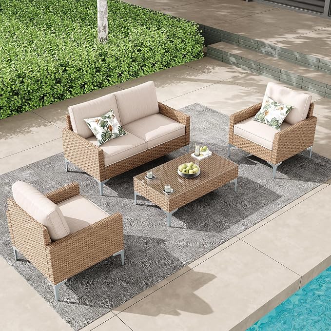 4 Piece Patio Furniture Set, Wicker Modular Outdoor Furniture with Thicker Cushions, Outdoor Couch Sofa for Garden, Poolside, Backyard, Beige