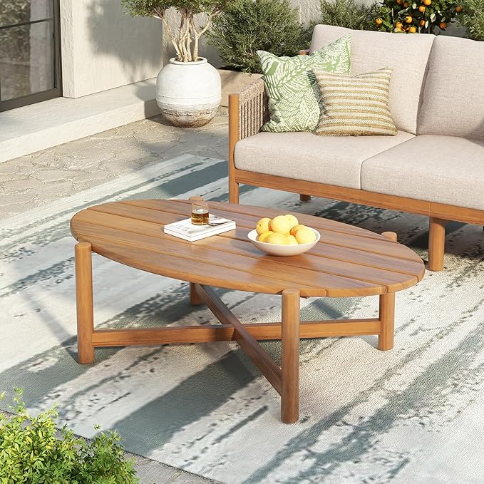 Christopher Knight Home Bubi Patio Acacia Wood Coffee Table, Solid Wood Outdoor Table for Patio Furniture Set, Slat Panel Oval Top, Teak