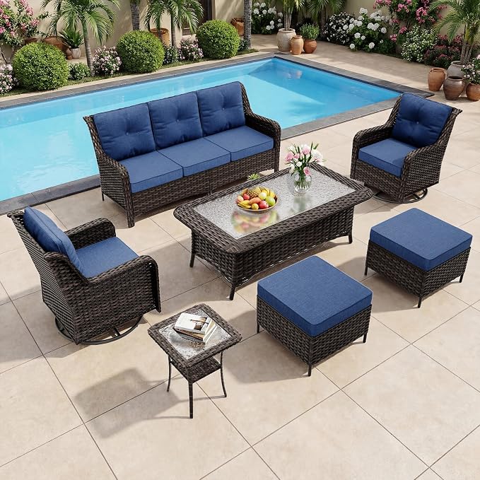 Outdoor Patio Furniture Set,7 Pieces 7 Seats Outdoor Sectional Furniture All Weather Thick PE Rattan Wicker Patio Conversation Set with Ottoman & Coffee Table,Swivel Rocking Chairs Set,Navy Blue