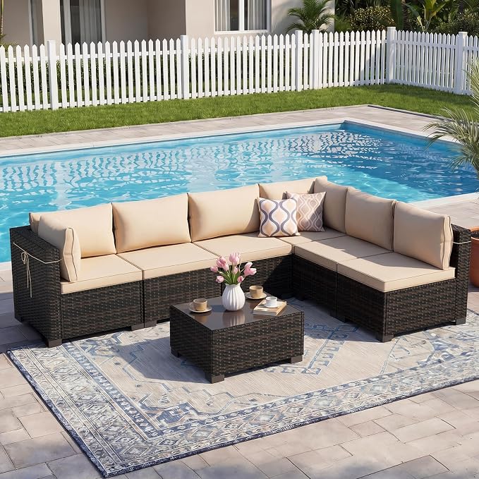 CHABATREE 7-Piece Outdoor Patio Furniture Sets, Manual Weaving Rattan Conversation Sectional Sofa with Tempered Glass Coffee Table, All-Weather PE Wicker & Thick Cushions for Garden, Backyard, Porch
