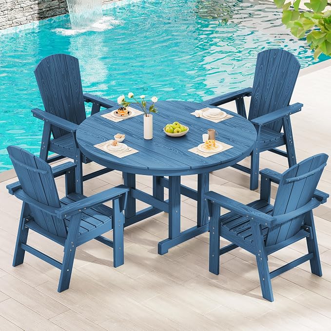 SERWALL 5-Piece Patio Dining Sets, HDPE Outdoor Table and Chairs Furniture Set, 45" Round Dining Table and 4 Adirondack Dining Chair, Navy