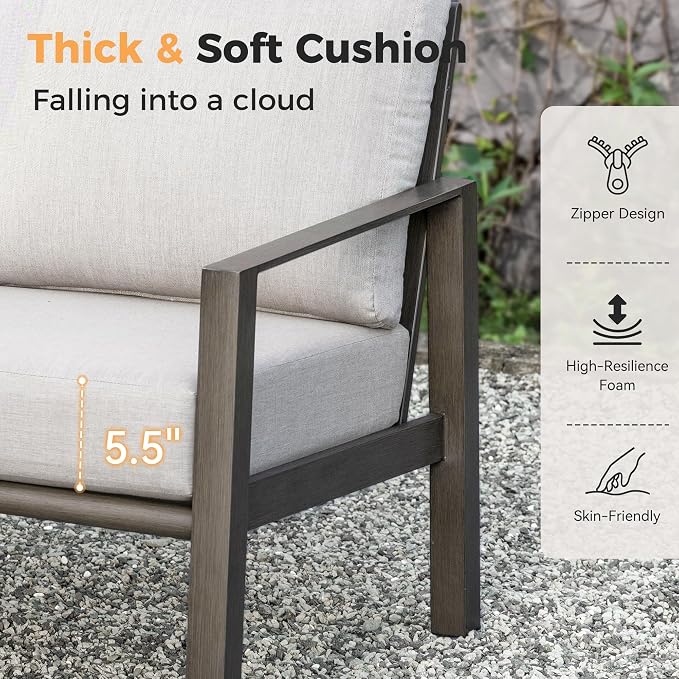 HAPPATIO Patio Conversation Set, 3-Piece Aluminum Oversized Patio Furniture Set with Rope Woven Backrest, Side Table and 2 Chairs with Thick Cushion, Hand-Brushed Frame for Yard, Porch, Balcony