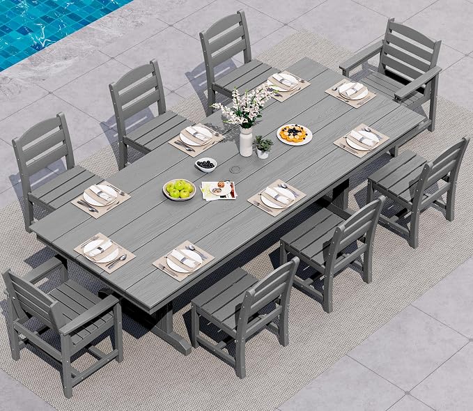 SERWALL 9 Piece Outdoor Dining Set, 84" HDPE Outdoor Table with 6 Armless Chairs and 2 Armchairs ，All Weather Patio Dining Furniture Set with Umbrella Hole for Backyard, Garden, Gray