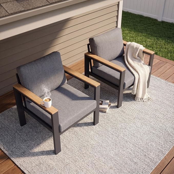 2 PCS Single Seat Aluminum Patio Chairs, Outdoor Furniture with 1.5mm Thick Powder-Coated Frame, Water Repellent Removable Cushions, Lightweight Single Chairs for Balcony Porch Backyard