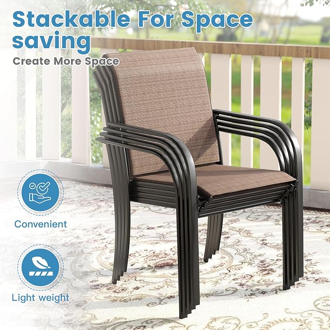 DIFY 7 Pieces Outdoor Patio Dining Set for 6, 50" Black Round Metal Dining Table and 6 Brown Stackable Sling Dining Chairs, Outdoor Table and Chairs for Lawn Garden Backyard Deck
