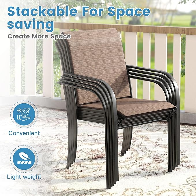 DIFY 7 Pieces Outdoor Patio Dining Set for 6, 47.2" Walnut Round Metal Dining Table and 6 Brown Stackable Sling Dining Chairs, Outdoor Table and Chairs for Lawn Garden Backyard Deck
