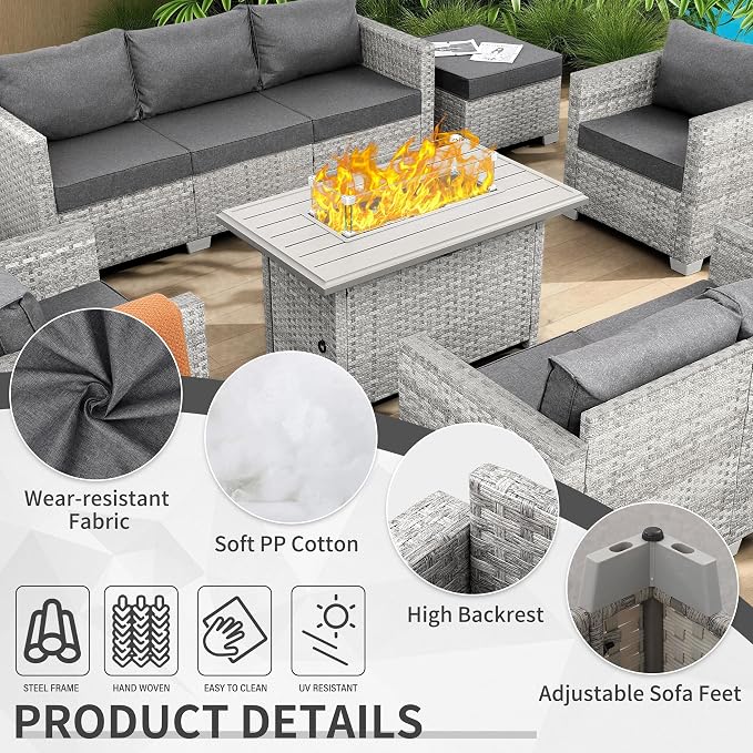 WAROOM Patio Furniture Set 7 Piece Grey Wicker Outdoor Conversation Sets PE Rattan Sectional Sofa with Propane Fire Pit Table and Anti-Slip Grey Cushion
