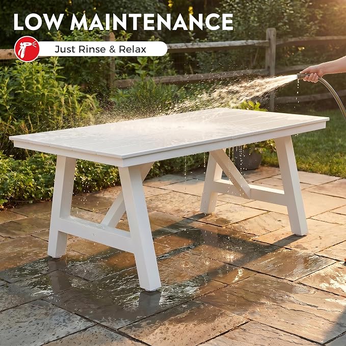 Costaelm Outdoor Dining Tables for Patio, 72" Rectangle 6-Person HDPE Dining Table with Umbrella Hole and Metal Frame for Outside, Garden, Poolside, Backyard, Porch, Balcony, White