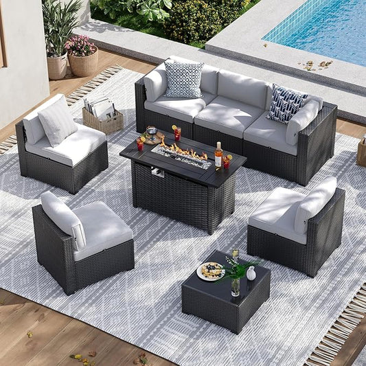Aoxun 8 Piece Patio Furniture Set with 44” Fire Pit Table, Wicker Rattan Patio Sectional Sofa, Outdoor Furniture Set with Thickened Cushion, Light Gray