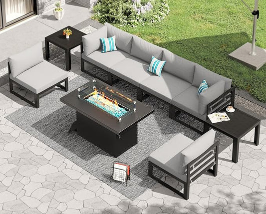 RADIATA 9 Piece Modular Outdoor Furniture Set with Fire Pit Table & Side Table, 29" Deep Wide Sectional Seating, Heavy Duty Aluminum Frame for 500 lbs, Patio Conversation Set for Poolside, Light Gray
