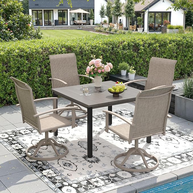 DIFY 40.2" Square Outdoor Dining Table for 4, Slatted Metal Patio Table with Adjustable Umbrella Hole, All-Weather Patio Dining Table for Garden Backyard Deck, Grey Wood-Like Tabletop