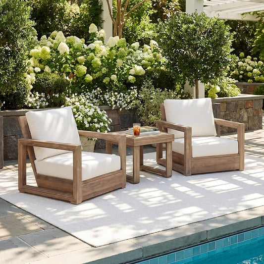 Christopher Knight Home 3-Piece Patio Swivel Chair Set with Side Table, Acacia Wood Outdoor Swivel Rocking Chairs with Cushions, Deep Seating Patio Chair & End Table for Porch Deck Garden, Brown+Beige