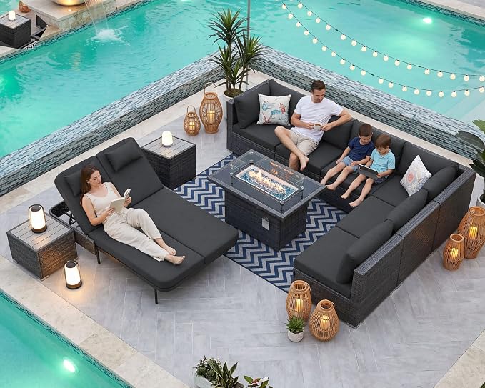 NICESOUL 11 Piece Patio Furniture Set with Fire Pit Natural Gas/Propane, 29.3'' High Back Outdoor Sectional with Lounger & Fire Pit, Large Deep Rattan Sofa Set for Garden Backyard, Gray