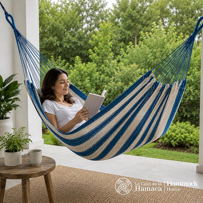 Hammock for 1-2 Person, 475 lbs Capacity – Handwoven Mexican Hammock, 100% Soft Cotton – 9.8 ft Mayan Hammock for Patio, Backyard, Indoor & Camping – Medium, Light Blue